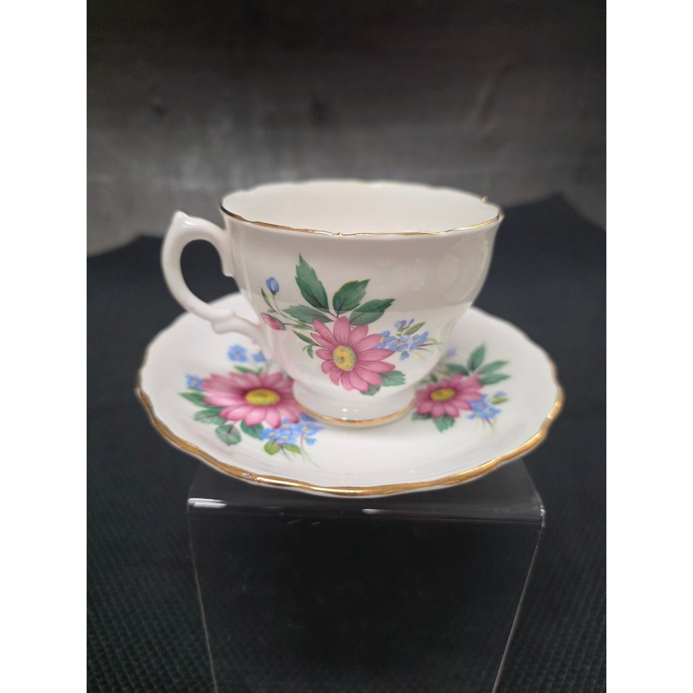 Royal Vale Bone China Tea Cup and Saucer Set Pink Daisy Blue Floral England - Picture 4 of 6